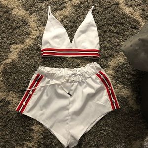 Zaful White and Red Crop Bralette & Shirt Set